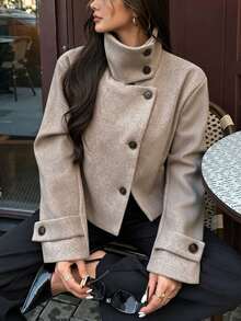 Seelio 秋冬新款女式歐美風時尚簡約百搭立領羊毛混紡卡其色夾克 - 卡其色 - 查看 3
