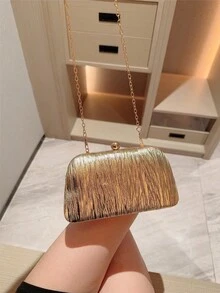 Moonlit Eve Bag 1個金色百褶迷你方盒手拿包，高端金屬雙珍珠鈕扣設計，優雅方盒晚宴包，適合派對女孩、新娘、大學生、職場新人與白領女性，適用於派對、舞會、婚禮，完美搭配舞會配件，附金屬鍊條 - 金色 - 查看 9