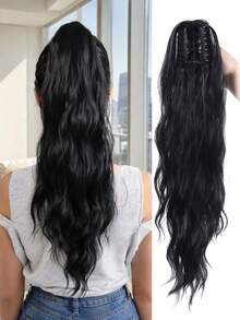 22 Inch Long Synthetic Wavy Ponytail Hair Extension For Women, Fashion Gradient Gold, Burgundy, Black, Brown, Heat-Resistant Material, Clip-In Ponytail For Party And Festival - Multicolor - View 9
