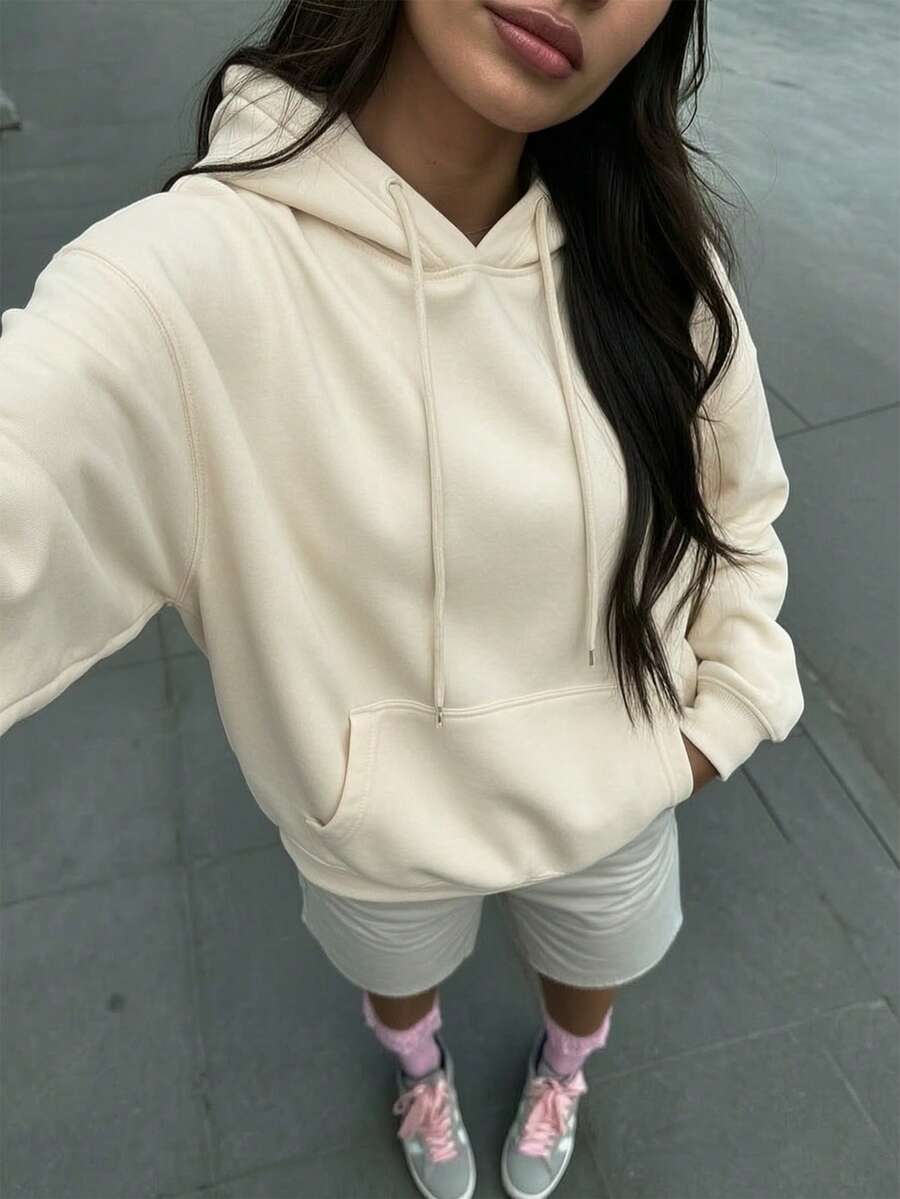 女款秋冬新款純色抽繩設計口袋休閒百搭寬鬆上衣運動衫,時尚日常穿搭 - 杏色 - 查看 1