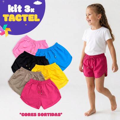 Kit 3 Shorts Tactel Feminino Infantil Juvenil Meninas Praia Verão 02-14