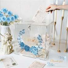 Caixa de Cartão de Acrílico Transparente com Guirlanda Semicircular Floral Azul, Caixa de Cartão de Casamento de Acrílico Transparente com Cadeado e Caixa de Assinatura de Bênção, Caixa de Armazenamento de Cartão com Folha de Ouro Rosa Azul, Caixa de Dinheiro Viral para Festa de Casamento, Aniversário e Celebração, Caixa de Coleção de Cartões de Saudação Estilo INS de Alta Qualidade, Ornamento de Decoração para Festa de Noivado, Caixa de Dinheiro Transparente, Design Floral Azul Sonhador - Transparente - Visão 4