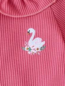 Baby Girl Pink Swan Embroidery Romper, Ribbed Soft Infant Jumpsuit, Side Snap Closure - Pink - View 6
