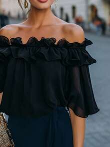 2026 New Off-Shoulder Top, Navy Blue Shirt, Ruffle Top, Double Layer Ruffle, Dark Blue Solid Color, Midnight Blue, Plus Size Friendly Black Summer - Black - View 6