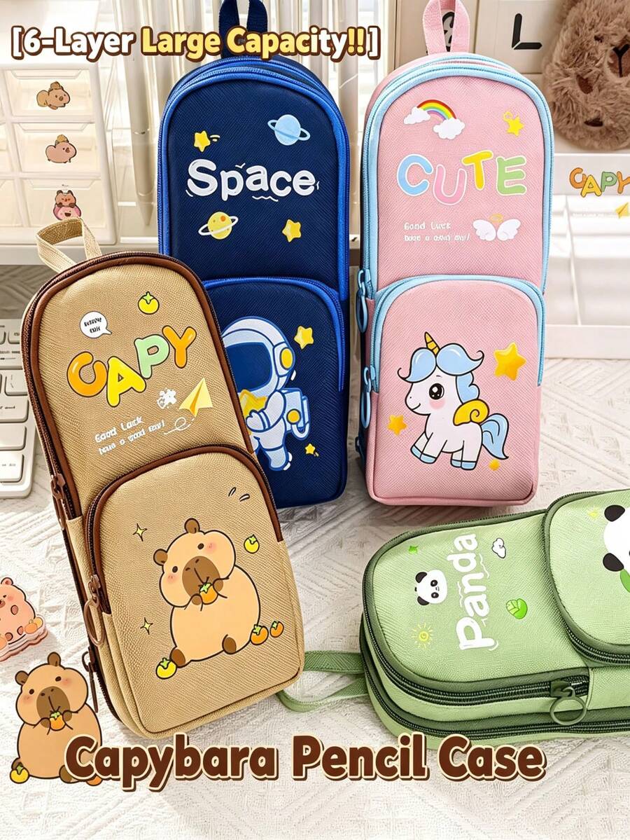 1 buah Kotak Pensil Kapasitas Besar Motif Capybara/Panda/Unicorn, Tempat Pensil Pelajar, Tas Penyimpanan Alat Tulis Ekonomis & Tahan Kotor, Cocok untuk Sekolah