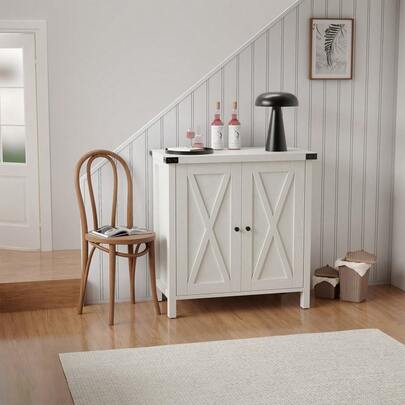 Farmhouse Entryway Storage Cabinet - Sideboard Buffet With Adjustable Shelf, 2 Barn Doors & Antique Metal Accents For Kitchen, Living Or Dining Room, 30"W X 33.3"H
