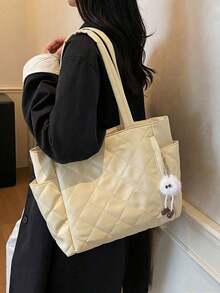 極簡菱格縫線托特包 多個外側側袋 內層拉鍊開合 輕量大容量 女款托特包 適合校園、旅行、健身房、日常採購 - 黃色 - 查看 3