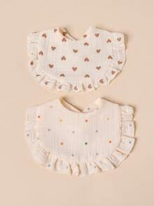2pcs Baby Gauze Triangle Bibs, Colorful Polka Dot & Heart Print Ruffle Edge Drool Bibs, Soft Absorbent Anti-Spit-Up Bibs For Newborns - Multicolor - View 9
