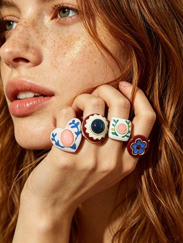 1 pieza Anillo de dedo índice y anillo de cola estilo pastoral fresco creativo europeo y americano con diseño floral, corazón, geométrico y bloques de color, joyería personalizada para mujer