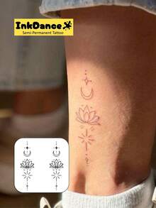 1 Set "Lotus Moon" New Technology Tattoo Stickers, Semi-Permanent, Spiritual, Fine Line, Delicate, Temporary Tattoo, Fake Tattoo, Waterproof And Long-Lasting Realistic Design, Plant-Based Formula, InkDance, Ink Dance, Gift MNF006 - Black - View 2