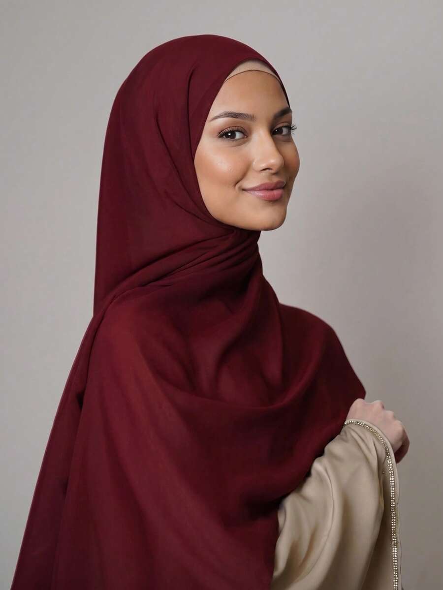 1pc Spring/Summer Casual Versatile Modest Minimalist Solid Color Soft Breathable Chiffon Hijab Scarf - Burgundy - View 1