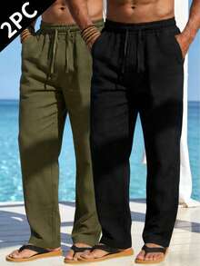 Men's Spring/Summer Thin Casual Long Pants, Minimalist Solid Color Pocket Drawstring Pants, Comfortable Loose Linen Long Pants, 2 Pieces - Army Green - View 2