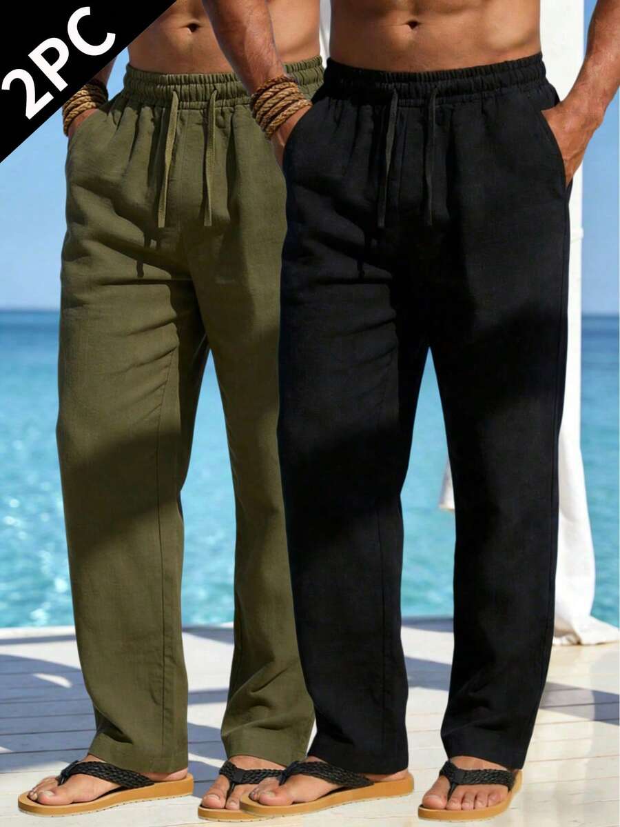 Men's Spring/Summer Thin Casual Long Pants, Minimalist Solid Color Pocket Drawstring Pants, Comfortable Loose Linen Long Pants, 2 Pieces