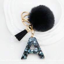 1pc Black Shell Slice Shiny Letter Keychain (A-Z) - Shell Stone Resin Letter Pendant With Pop Pom Pom, Leather Tassel, Fashionable Key Ring, Suitable For Bags/Cars, Cute Gift For Women And Mothers - Multicolor - View 11