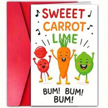 Fun Sweet & Spicy Carrot Lime Greeting Card With Cute Vegetable Patterns (Carrot, Lime, Tomato) And "Bum Bum Boom" Lyrics, Suitable For Anniversary, Christmas, Paper Gift For Food Lovers - 1 - View 4