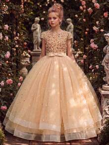 Tween Girl Flutter Sleeve Sequin Bow Mesh Full Skirt Long Dress, Flower Girl Wedding Party Formal Gown - Gold - View 2
