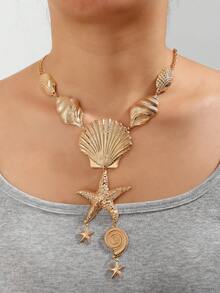 1 pieza Collar exagerado de estilo oceánico con concha, caracol y estrella de mar para niña, verano y vacaciones en la playa - Dorado - Ver 2