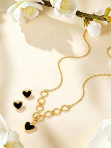 1 Set/3 Pieces Classic Heart Jewelry Set, Waterproof Stainless Steel Collarbone Necklace And Stud Earrings Set For Women - Heart - View 2