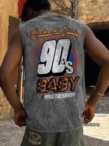 FRACTYR ملابس علوية بدون أكمام رجالي صيفي كاجوال بطراز الشارع "90s BABY" بطبعة سباق مغسولة | قطعة ملابس شارع عتيقة لا غنى عنها - رمادي غامق - مشاهدة 2