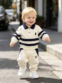 2pcs Autumn Baby Boy Newborn Color Block Striped Long Sleeve Sweatshirt & Pants Set, Apricot Half-Button Front Top, Slightly Elastic, Suitable For Daily Wear, Great Gift - Apricot - View 3