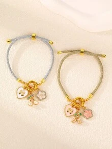 NAIZHU 1/2件裝 時尚兒童甜美可調節手鍊，附花朵、愛心與櫻桃吊墜 - 彩色 - 查看 2