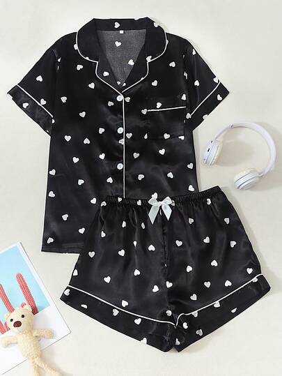 Women's Heart Print Satin Short Sleeve & Shorts Pajama Set