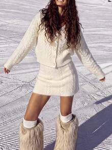 Minimalist Sexy Sexy Women's Soft Fluffy Cable Knit 2 Pieces Set, Autumn/Winter V-Neck Cropped Cardigan + Bodycon Mini Skirt Sweater Set - White - View 7
