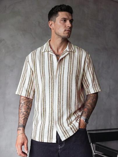 Men's Summer Hollow Mesh Striped Knit Cardigan Shirt, Casual Fashion Design, Short Sleeve Fitted Shirt For Daily Wear