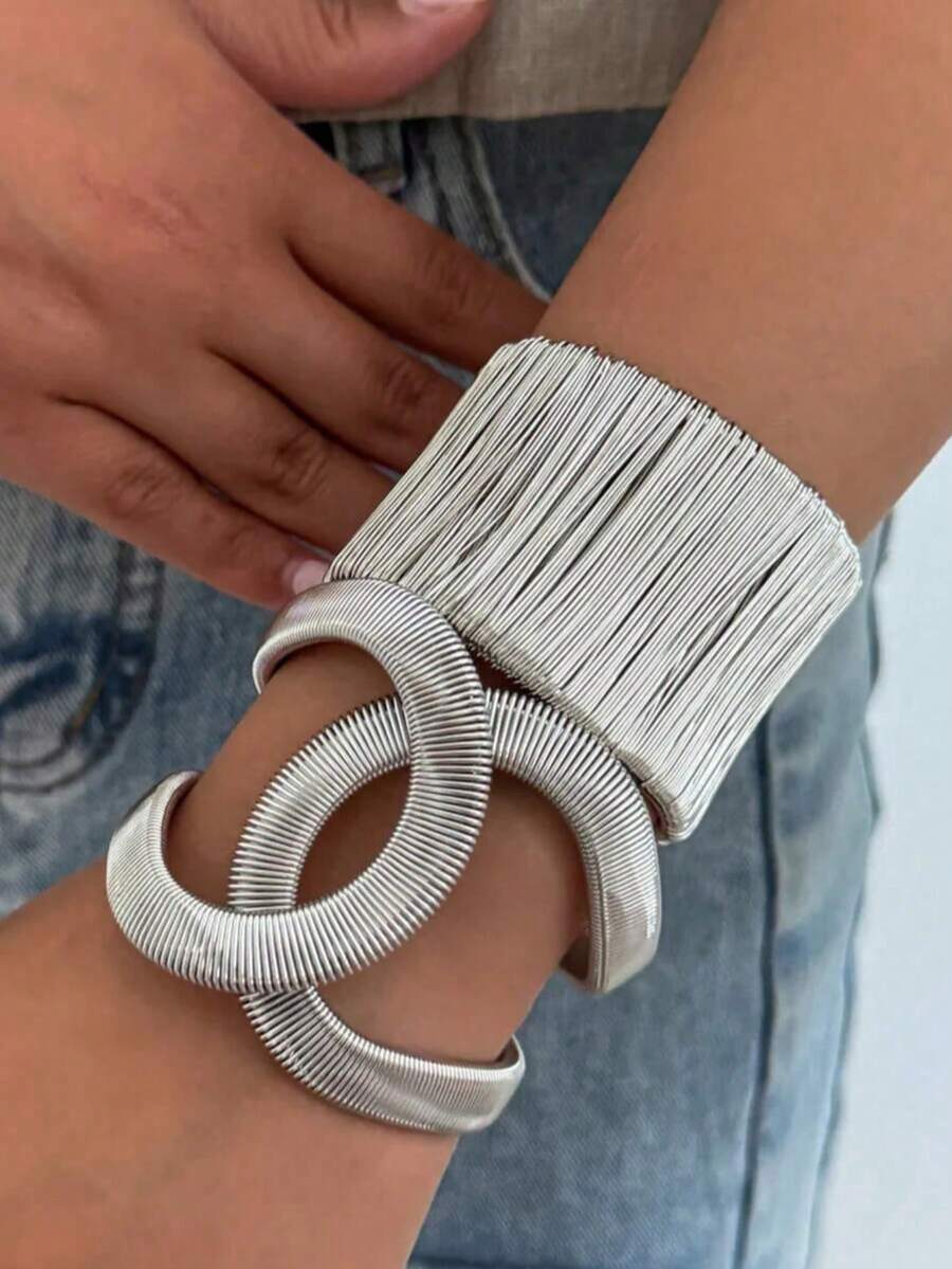 Punk Hip Hop Asymmetric Twisted Edge Wide Bracelet Vintage Silver Geometric Open Spring Bracelet Women's Bracelet Jewelry - Silver - View 1