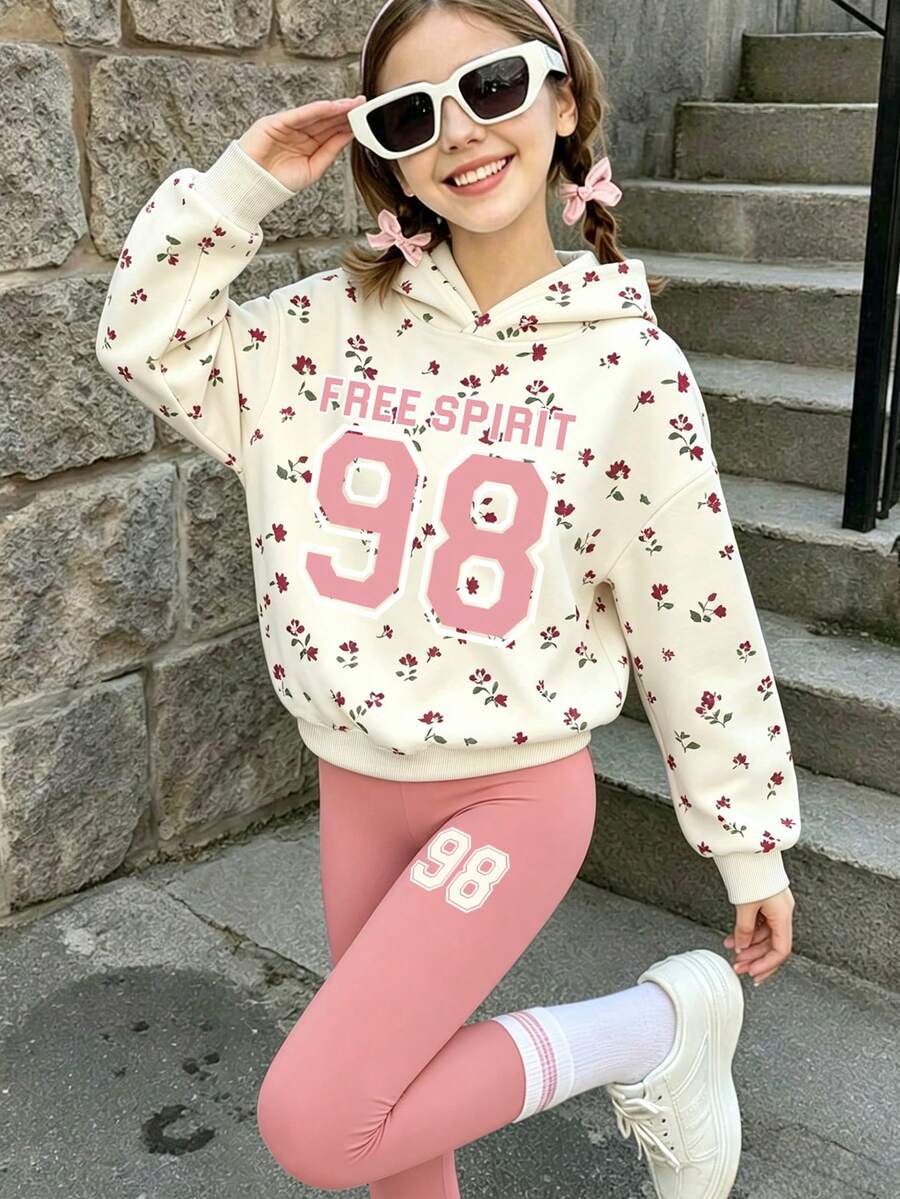 2pcs/Set Teen Girls All-Over Print Hoodie Set, Featuring Number 