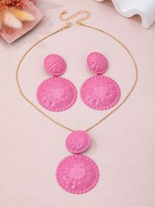Exaggerated Court Style Earrings & Necklace Set, Metal Fashion Lightweight Luxury Niche High-End Geometric Pleated Large & Small Round Versatile Minimalist Personalized Jewelry Set - Purple - View 4