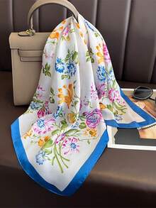 1pc 65*65cm White Base Colorful Mixed Rose Floral Print Satin Imitation Silk Scarf, Thin Multi-Use Scarf For Neck/Shawl/Waist, All Seasons Daily Party - Multicolor - View 5