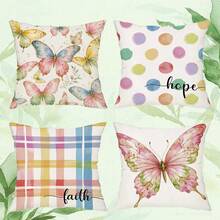 shangxia 4PCS- Ins Spring Watercolor Butterfly Pattern Printed Pillow Covers, Soft Rainbow Polka Dot Plaid Healing Inspirational Handwritten English Cushion Covers, Fresh Gentle Healing Atmosphere Soft Decor Essential - (Pillow Insert Not Included) - (Printed) - (No Embroidery) - Multicolor - View 13