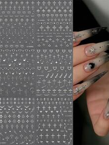 6Pcs/Set 3D Metallic Silvery Cross Nail Art Stickers Punk Gothic Cross/Heart Nail Decal Self-Adhesive Silery Cross Manicure Slider - Silver - View 5