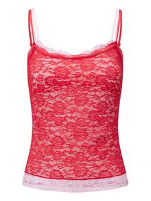 Women Y2K Color Block Lace Camisole Tank Top Floral Spaghetti Strap Slim Fit Camisole Crop Tops Sexy Backless Sleeveless Vest Coquette Going Out Top - 紅色 - 查看 6