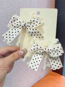 2pcs Spring/Summer Mesh Lace Pearl Bow Daily Versatile Hair Clips - Beige - View 2