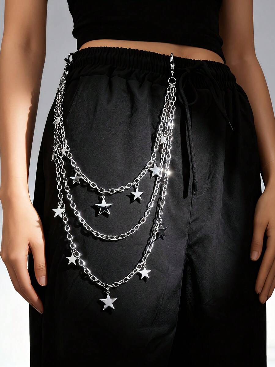 1pc Streetwear Waist Chain Belt, Hip Hop Chain Accessory, Perfect For Pairing With Jeans And Casual Pants, Unisex Fashion For Daily Wear And Parties - Silver - View 1