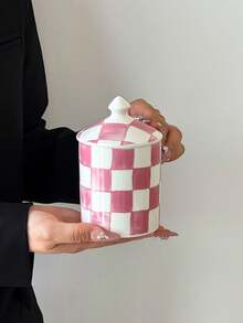 1pc Hand-Painted Checkered Ceramic Storage Jar With Lid, Multi-Color Grid Airtight Container For Kitchen Coffee, Sugar, Tea Storage, Bathroom Vanity Decor - Multicolor - View 18
