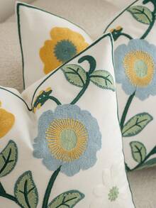1pc Modern Pastoral Country Style Embroidered Pink Tulip Floral Soft Washable Machine Washable Decorative Pillow Case Suitable For Sofa Bedroom Living Room Home Decor - Retro Blue and Yellow Flowers - View 3