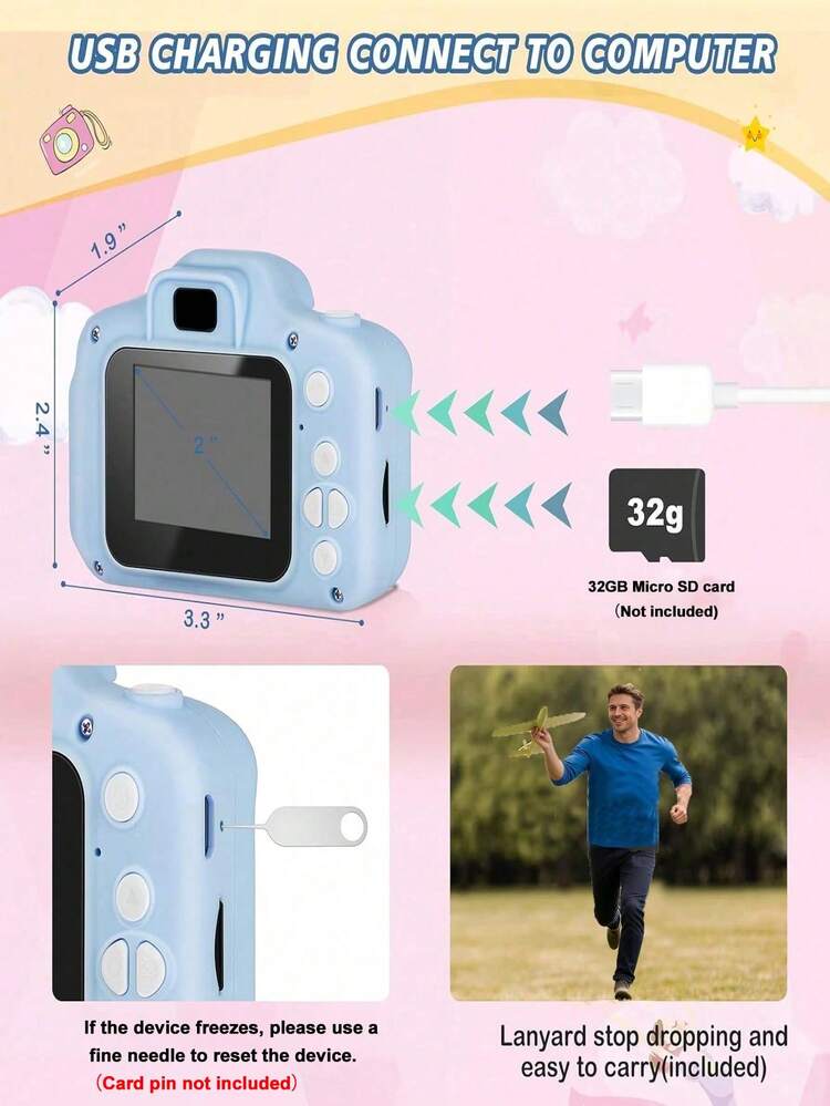 Upgraded 1080P HD Digital Camera With 2-Inch Screen, Supports Video Recording, DIY Photo Frame And Multiple Games, Perfect New Year/Birthday/Holiday Gift For Girls. Cute And Portable, Suitable For Both Men And Women. Built-In 200mAh Rechargeable Battery, An Excellent Birthday Gift Choice. - Blue - View 6