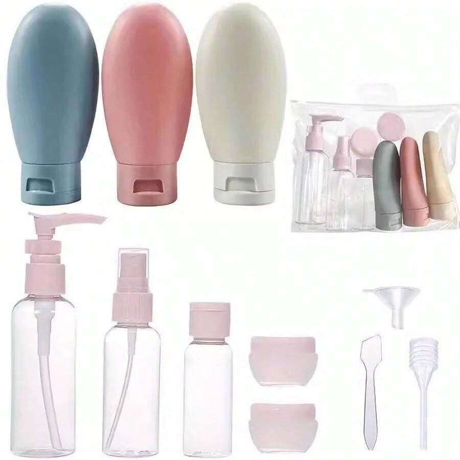 11件組旅行可重複填充瓶套裝,適用於噴霧、乳液、洗髮精、沐浴露,軟管包裝,化妝品空液體容器,便攜式補給工具 - 彩色 - 查看 1