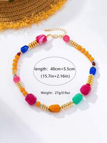 1pc Minimalist Elegant Candy Color Beaded Necklace, Niche Design Versatile Rainbow Color Palette Collarbone Chain, Fashion Dopamine Rice Grain Necklace For Women Daily Wear - Multicolor - View 2