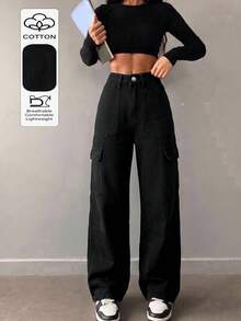 Women's Casual All-Match Mid-Rise Straight Leg Work Jeans Black - Black - View 1
