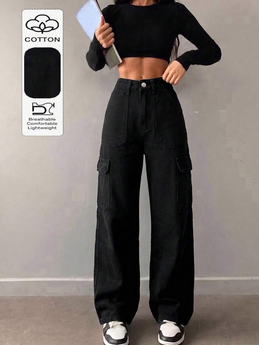 Women's Casual All-Match Mid-Rise Straight Leg Work Jeans Black - Black - View 1