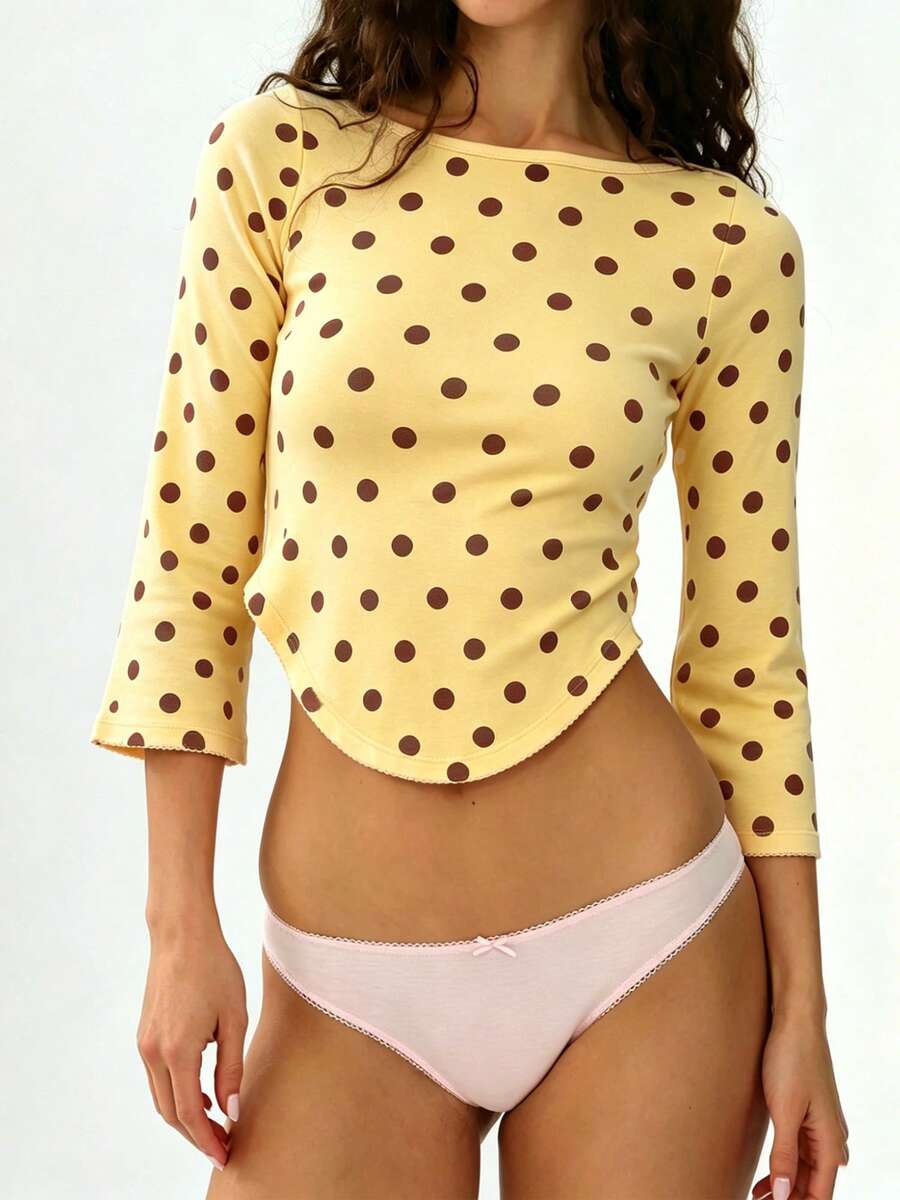 Women Summer Bell 3/4 Sleeve Crop Top Boat Neck Solid Color Slim Fit Basic T Shirts Y2K Party Top For Spring Fall - Yellow - View 1