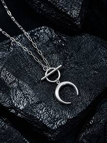 1pc Stainless Steel 18K Gold Plated Oil-Pressed Moon Horn Crescent Curved Pendant With QT Clasp Necklace - Multicolor - View 2