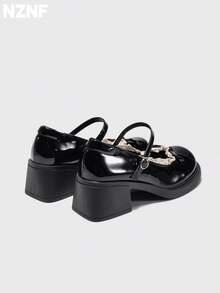 NZNF Sepatu PU Wanita Warna Polos Gaya Akademi dengan Tali Gesper, Sol Tebal dan Hak Tebal, Sepatu untuk Perjalanan Sehari-hari - Hitam - View 1