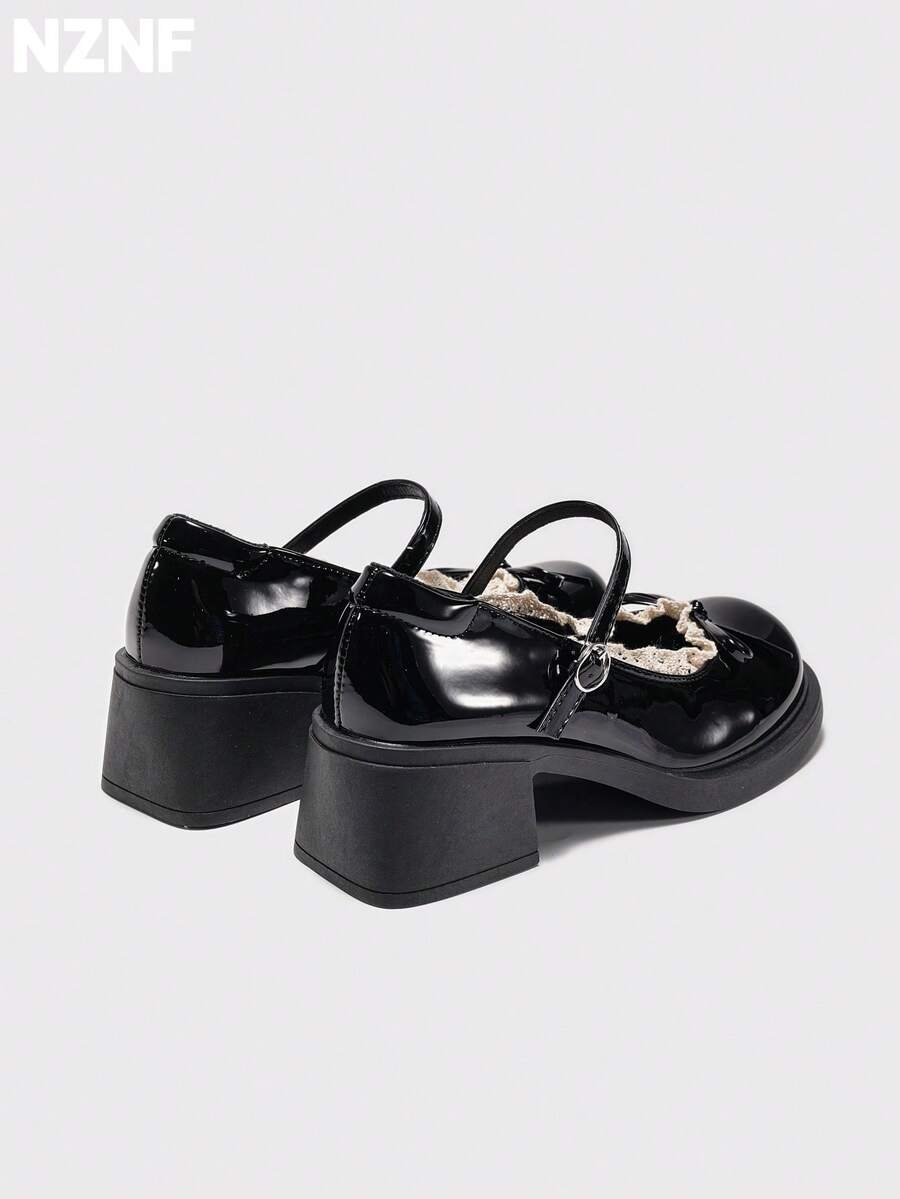 NZNF Sepatu PU Wanita Warna Polos Gaya Akademi dengan Tali Gesper, Sol Tebal dan Hak Tebal, Sepatu untuk Perjalanan Sehari-hari - Hitam - View 1
