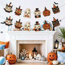 2 piezas Banderines de fiesta de Halloween con tema vintage, estilo de dibujos animados con calabaza, fantasma, gato negro, expresiones exageradas, decoración de fiesta de Halloween vintage, decoración de pared, decoración colgante para chimenea, decoración de habitación de Halloween, decoración universal para fiesta de Halloween - A - Ver 1