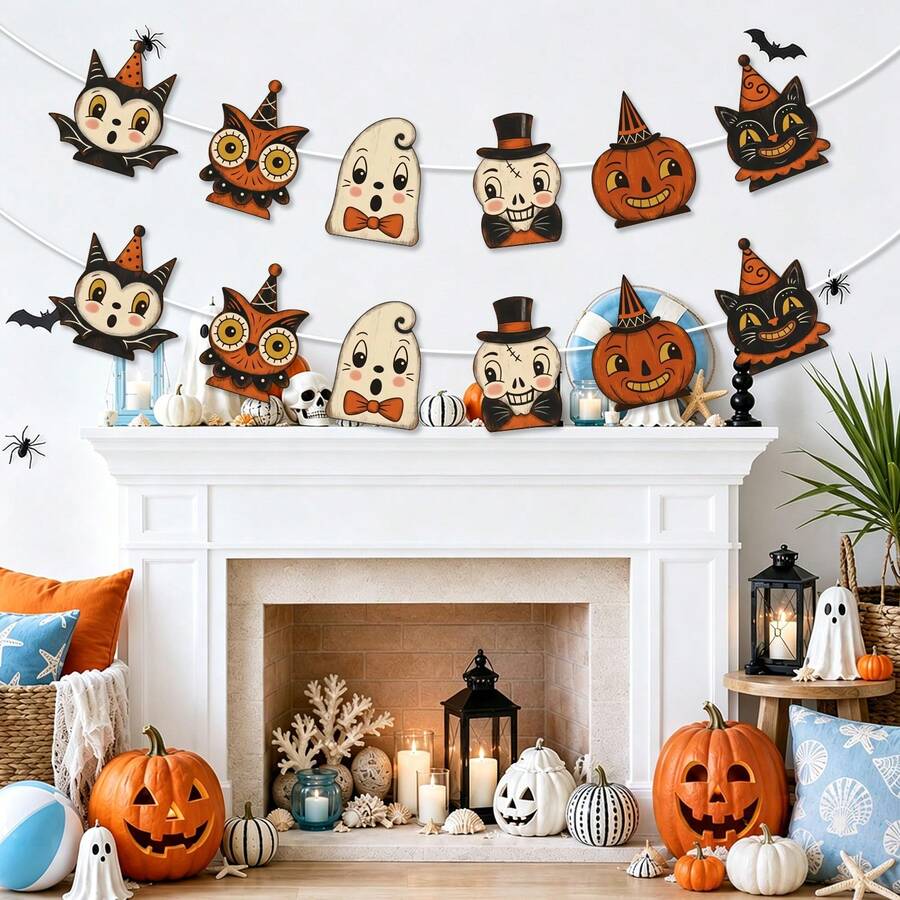 2 piezas Banderines de fiesta de Halloween con tema vintage, estilo de dibujos animados con calabaza, fantasma, gato negro, expresiones exageradas, decoración de fiesta de Halloween vintage, decoración de pared, decoración colgante para chimenea, decoración de habitación de Halloween, decoración universal para fiesta de Halloween - A - Ver 1